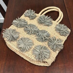 The Little Market Straw Bag Gray Beige Handbag PomPom New without Tags